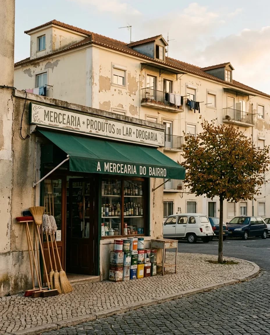 Pequena loja de esquina portuguesa com toldo verde e letreiro de drogaria