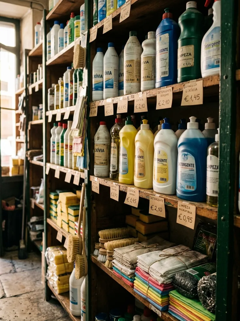 Prateleira de produtos de limpeza e detergentes numa pequena drogaria