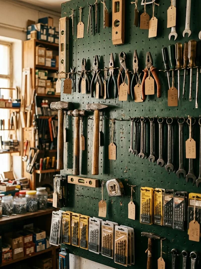 Parede de ferramentas manuais penduradas num painel perfurado