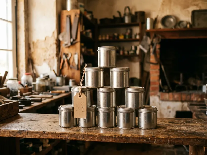 Latas de tinta empilhadas numa prateleira